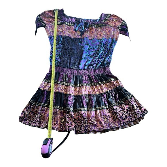 Hale Bob Silk Blend Dress Off Shoulder Patchwork  Purple Peasant Festival Size M - Picture 15 of 16